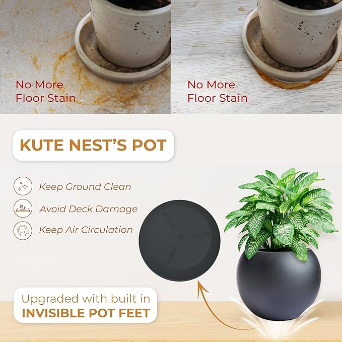 9.7" H x 12" D Globo Fiberstone Round Planter with Drainage Hole, Weather Resistant, Smooth Finish, Planters for Indoor Plants & Outdoor, 2 Extra Coco Mats (Black, 7.8" Pot Opening)