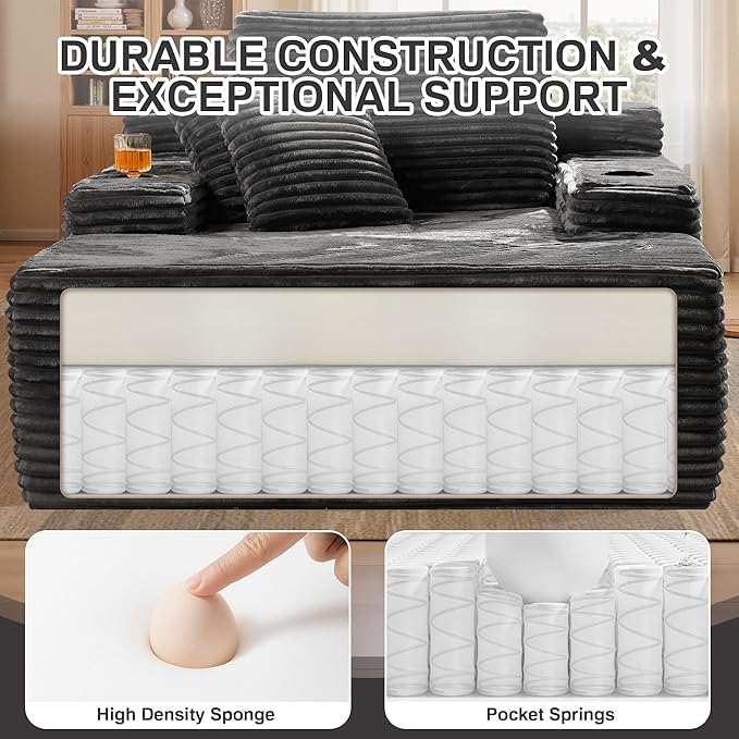 Chaise Lounge Chair Indoor, 67" Oversized Comfy Plush Fur Sleeper Sofa Bed with Cup Holders and Wide Armrests, Boneless Upholstered Recliner Bed, Modern Cloud Couch for Living Room, Grey