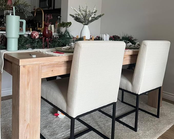 VESCASA Linen Upholstered Dining Chairs Set of 2, Mid Century Modern Padded Chair with Black Metal Frame for Restaurant, Dining Room, Kitchen, Cream