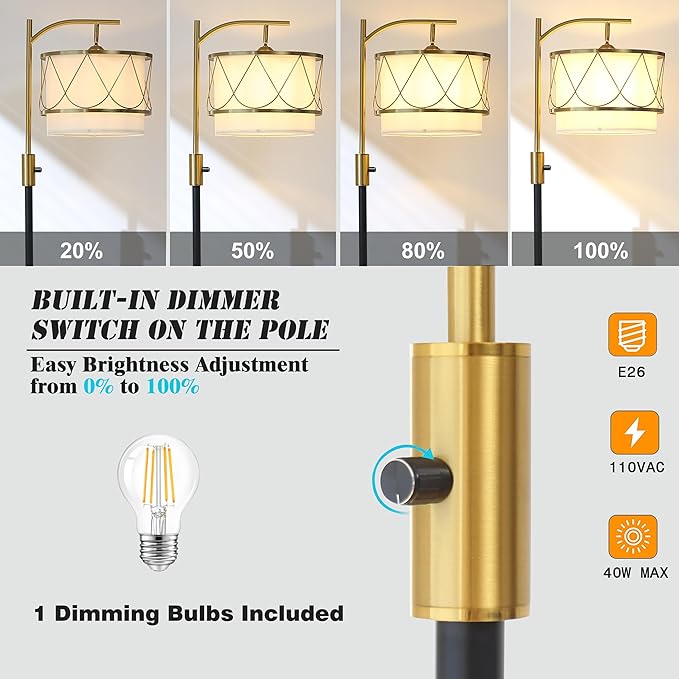 Dimmable Floor Lamp with Wooden Table and Marble Base, Boho Farmhouse Arc Standing lamp with Fabric & Metal Lampshades for Living Room Bedroom