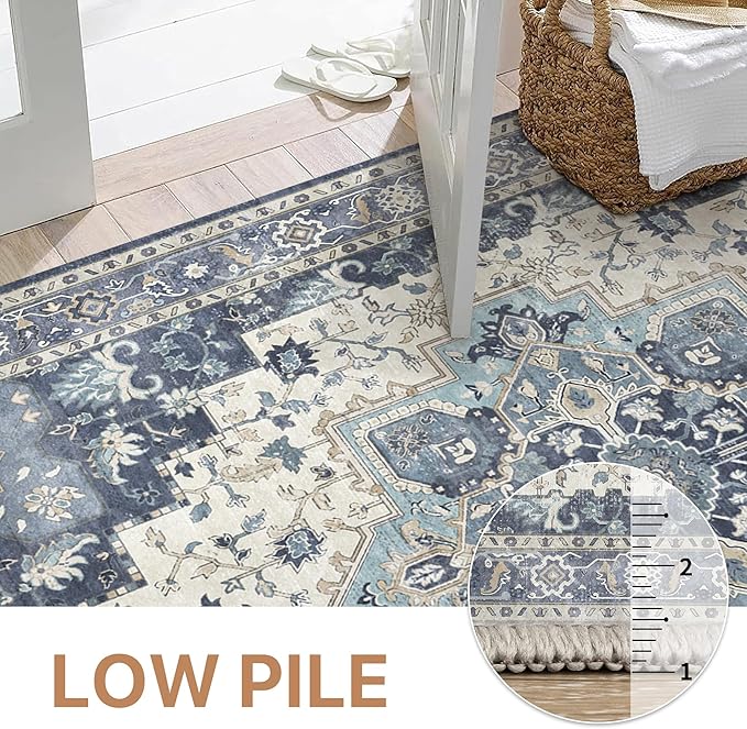 GENIMO 2x6 Runner Rugs for Hallway, Machine Washable Non Slip Vintage Rugs, Low Pile Lightweight Soft Print Rug for enrtyway, Corridor, Home Office, Kitchen, Center Blue