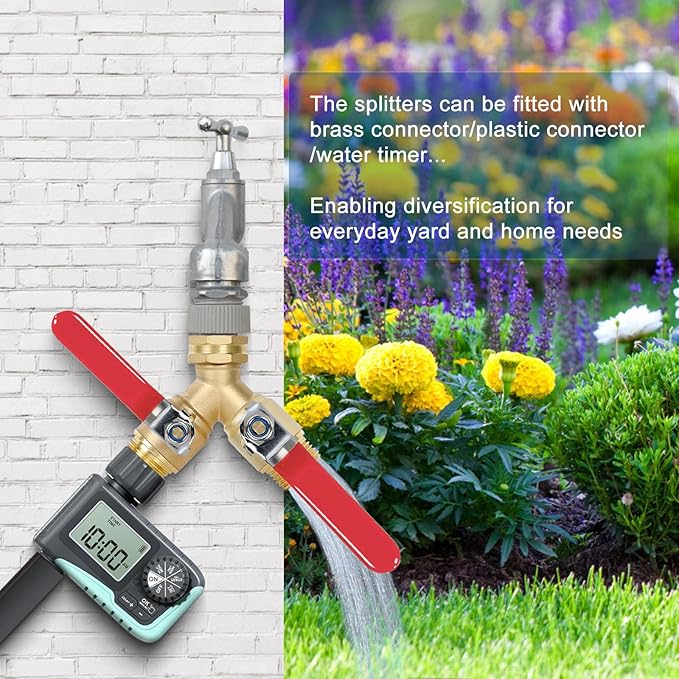 Garden Hose Splitter 2-Ways with Long Stainless Steel Handle, Full Flow Hose Splitter Connector Heavy Duty Brass, 3/4" GHT Thread Y Valve, Water Garden Hose Tap Adapter