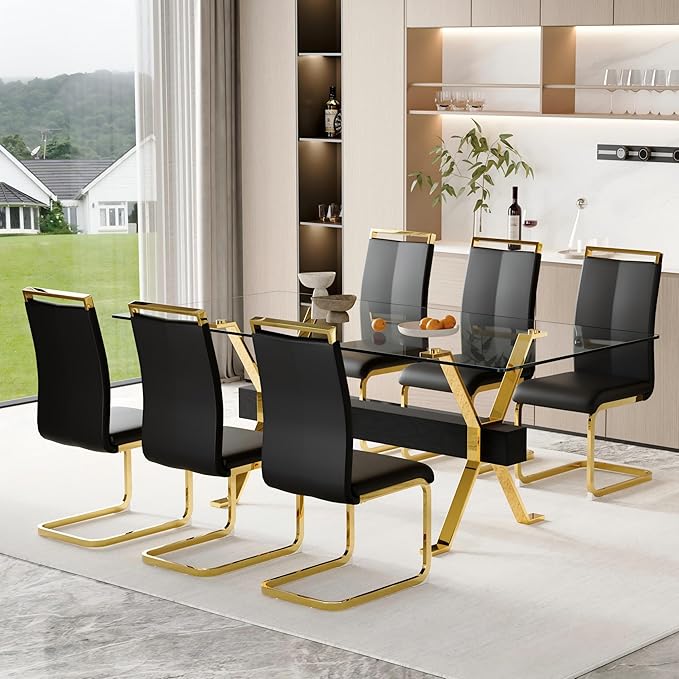 7 Piece Glass Dining Table Set, 79" Modern Dining Table Set for 6, 0.5" Thick Tempered Glass Tabletop with Gold Chrome Metal Legs and Black Crossbar, 6 PU Chairs for Dining Room, Kitchen