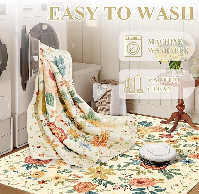 DUKINO Runner Rug, 2x10 Kitchen Hallway Carpet, Washable with Non-Slip Backing, Low Pile Soft Boho Floral for Entryway, Laundry, Bedroom, Beige Yellow