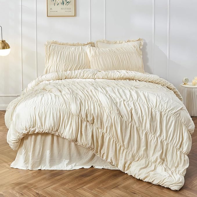 Queen Comforter Set - Ruched Comforter Queen Size Bed Set Boho Shabby Chic Bedding for Bedroom Comforter Fluffy 3 Piece Ruffle Comforter Set with Pillow White Bedding Soft