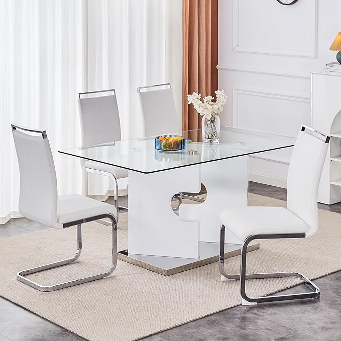 Glass Dining Table Set of 4, 63" Dinner Room Glass Table Set for 4, Modern Kitchen Dinner Table Set with 4 Upholstered Faux Leather Dining Chairs for Living Dining Office Room