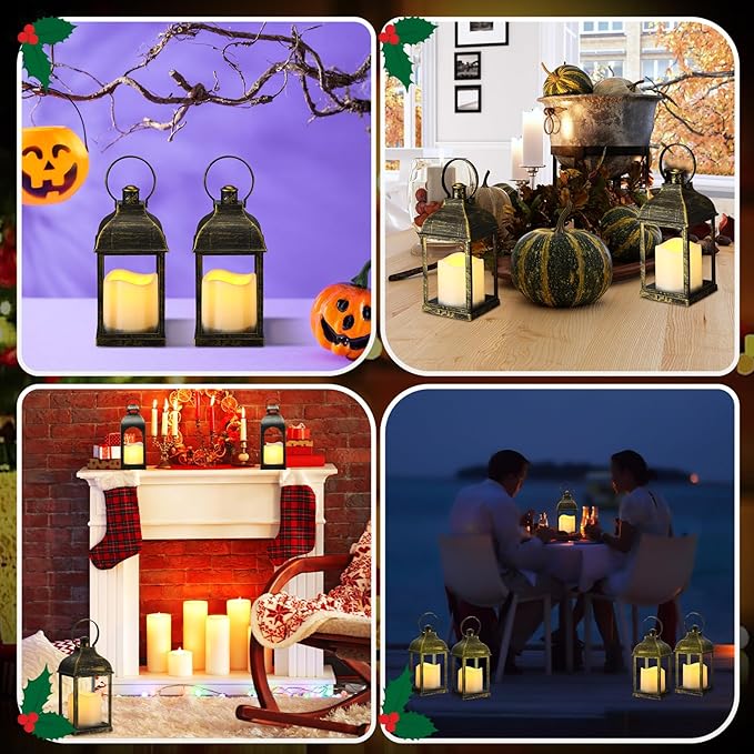 12 Set 10 Inch Bronze Decorative Candle Lanterns Bulk Lanterns Centerpiece with LED Flameless Candle Indoor Outdoor Battery Powered Hanging Lights for Wedding Halloween Thanksgiving Christmas