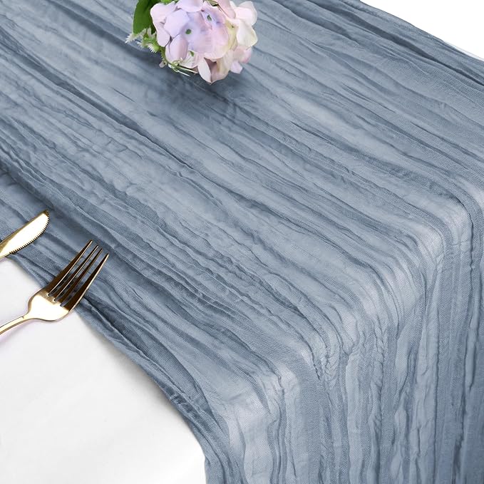 Dusty Blue Cheesecloth Table Runner 35x120 Inches 10ft Boho Gauze Rustic Cheese Cloth Table Runners Romantic Sheer Table Runner for Wedding Centerpiece Bridal Baby Shower Table Decorations