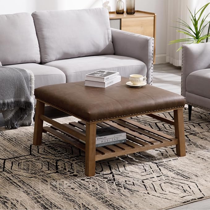 Large Square Coffee Table with Storage,Modern Faux Leather Ottoman Coffee Table,Luxury Upholstered Couch Table for Living Room/Sofa/Bedroom,Brown