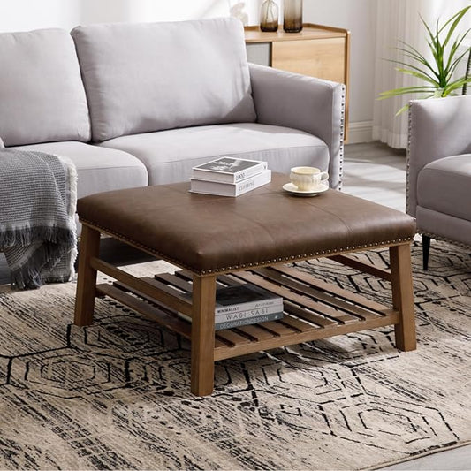 Large Square Coffee Table with Storage,Modern Faux Leather Ottoman Coffee Table,Luxury Upholstered Couch Table for Living Room/Sofa/Bedroom,Brown