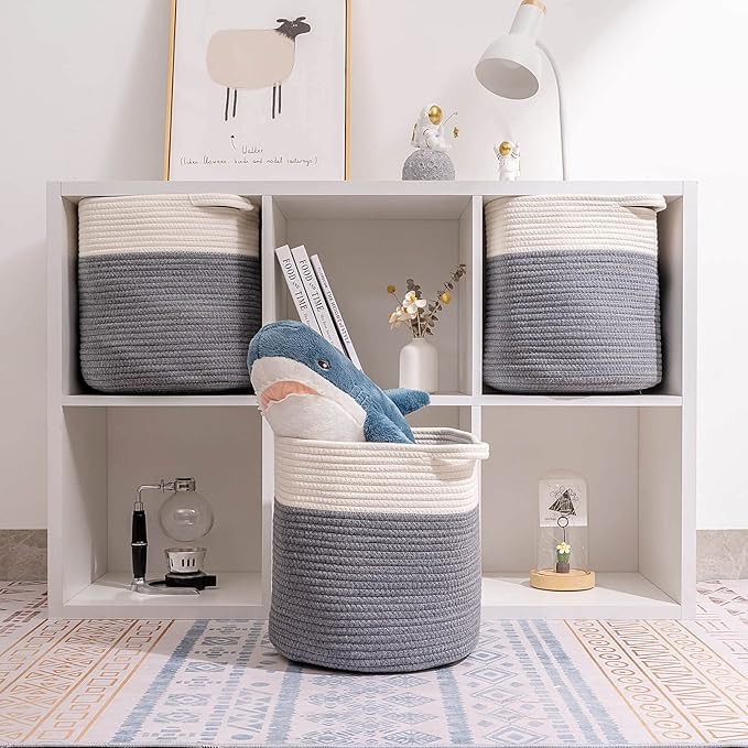 voten Storage Cubes 13x13’’ for Cube Shelves Organzier,Cotton Rope Storage Bin,Cube Storage Bin 13x13’’ for Closet,Toys,Multipurpose Woven Storage Basket for Organizing 3Pack Round Off White/Dark Gray