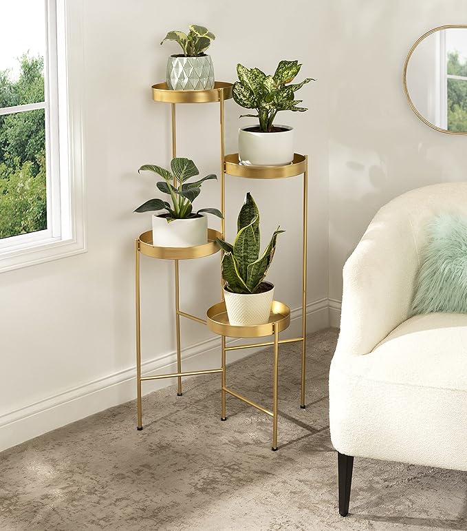 Kate and Laurel Finn Modern 4-Tier Plant Stand; 10 x 11 x 44; Gold; Folding Lightweight Plant Stand for Decorative Display and Storage