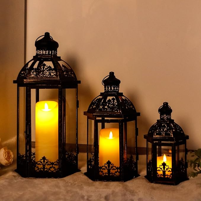 TRIROCKS Large Set of 3 Decorative Lanterns 19''&13.5''&9.5" H Vintage Hanging Lantern Metal Candleholder with Tempered Glass for Indoor Outdoor Home Decor Parties Garden(Black with Gold Brush)