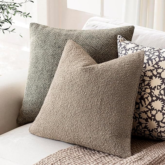 Foindtower Pack of 2 Textured Boucle Throw Pillow Covers Accent Solid Pillow Cases Cozy Soft Decorative Couch Cushion Case for Chair Sofa Bedroom Living Room Home Decor 18x18 Inch Light Khaki Tan