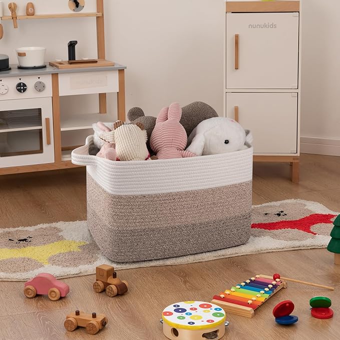 OIAHOMY Cotton Rope Basket, Rectangle Woven Baskets for Storage, Nursery Blanket Storage Living Room, Toy Basket With Handle-17.7”x13.8”x11”-Gradient Yellow