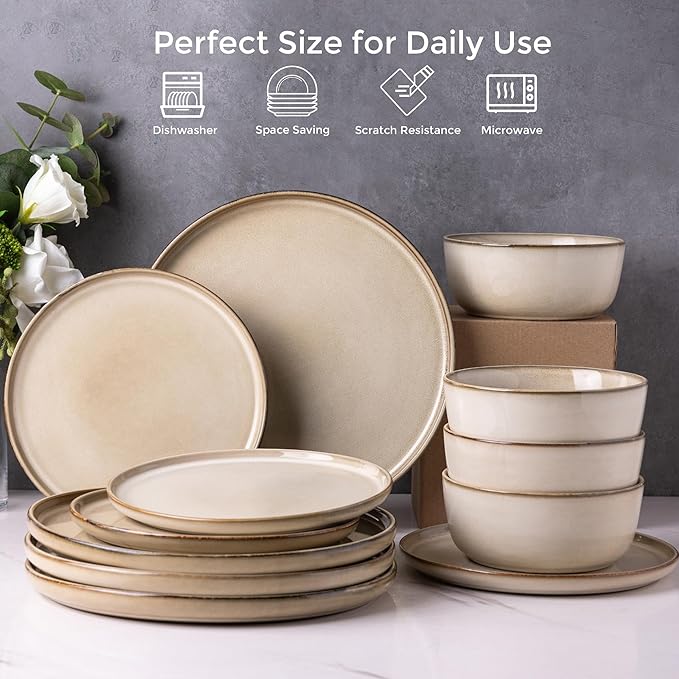 AmorArc Stoneware Dinnerware Sets,Round Reactive Glaze Plates and Bowls Set,Highly Scratch Resistant | Dishwasher & Microwave Safe Dishes Set,Service for 4 (12pc)