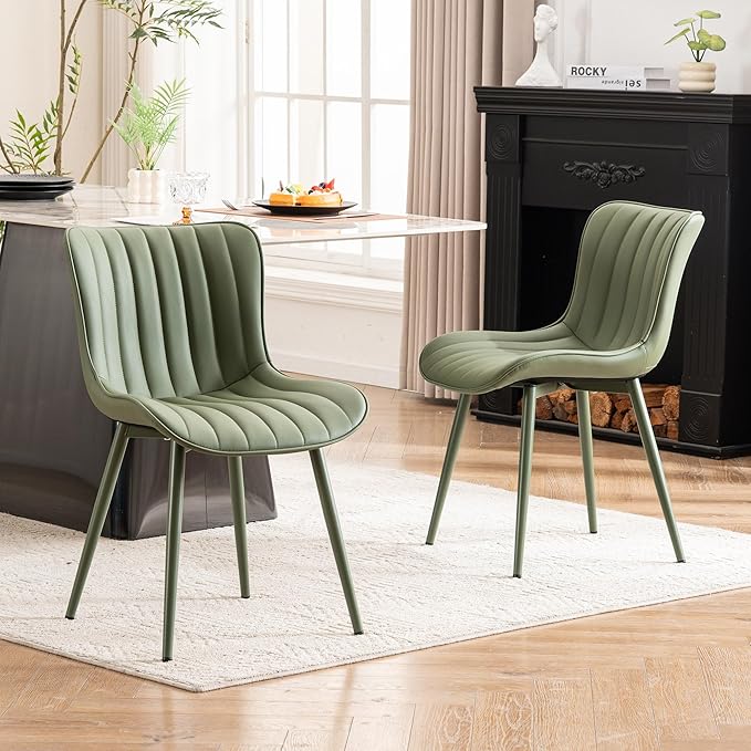 YOUNUOKE Mid-Century Modern Dining Chairs Set of 2, Green PU Leather Upholstered Kitchen Chairs with Green Metal Legs, Armless Accent Chair for Dining Room, Guest Reception Room
