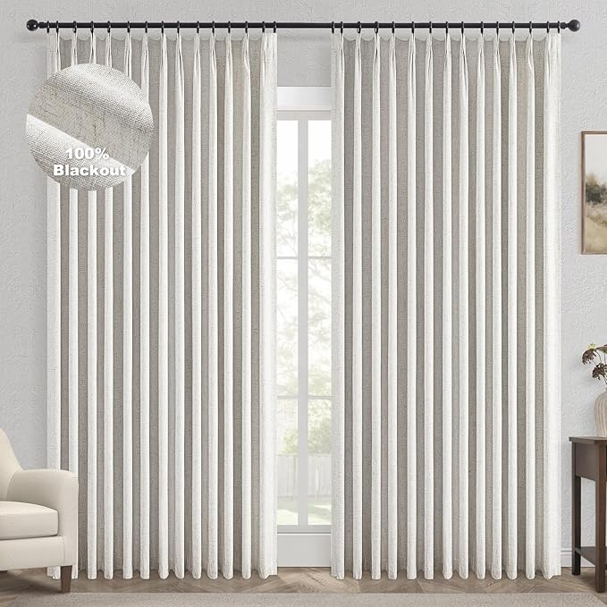 Topfinel Extral Wide Custom Sliding Door Curtains, Pinch Pleated 100% Blackout Linen Luxury Curtains with Hooks for Patio Large Window Living Room Track, 72" Wx84 L 1 Panel