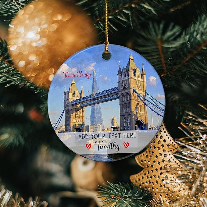 Personalized London Tower Bridge Ceramic Ornament Christmas 2025, United Kingdom London Tower Bridge Travel Xmas Tree Hanging Ornament, Custom Text/Name UK England Vacation Ornaments Keepsake Gifts