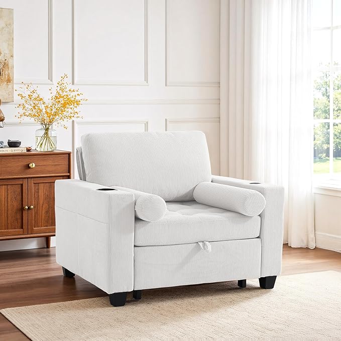 UIXE 3-in-1 Sleeper Chair Pull Out Sofa Bed, Convertible Reclining Seat Upholstered Armchair, Adjustable Backrest Recliner Chair with Side Pockets, Cup Holder & USB Ports - Beige White