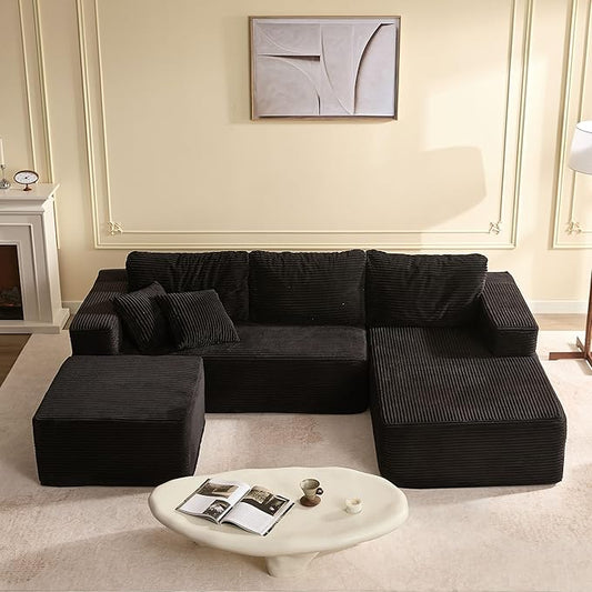 107" Boneless Couch with Deep Seat, Modular Sectional Sofa, Cloud Sectional Couch for Living Room, No Assembly Required, Corduroy, U-Shape 3 Seater Right, Black