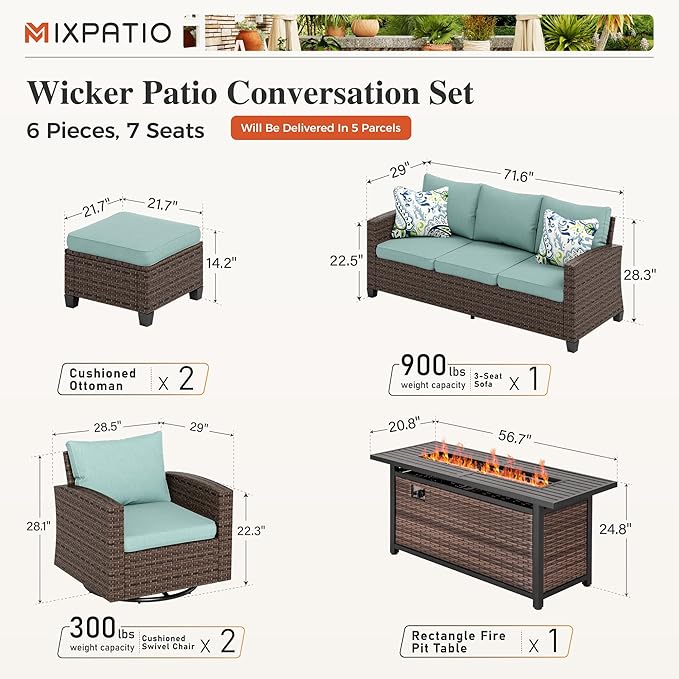 Swivel Glide Patio Furniture Set, 6 Pcs Wicker Outdoor Conversation Set, 2 x Swivel Chairs, 1 x 3 Seater Sofa and 2 x Ottoman with 4" Thick Cushion and 56" Fire Pit Table, Blue