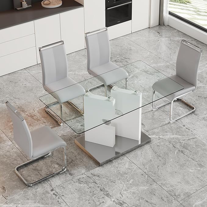 Glass Dining Table Set of 4, 63" Dinner Room Glass Table Set for 4, Modern Kitchen Dinner Table Set with 4 Upholstered Faux Leather Dining Chairs for Living Dining Office Room