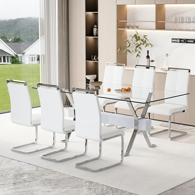 7 Piece Glass Dining Table Set, 79" Modern Dining Table Set for 6, 0.5" Thick Tempered Glass Tabletop with Silver Chrome Metal Legs and Grey Crossbar, 6 PU Chairs for Dining Room, Kitchen