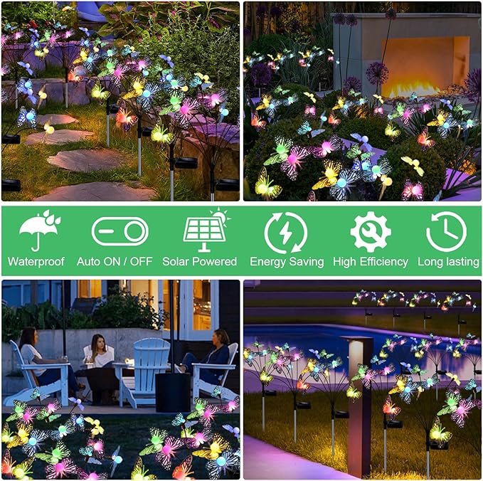 Solar Garden Butterfly Lights, 6 Pack 48 LED Solar Swaying Lights, 7 Color Changing Waterproof Firefly Light Outdoor Fairy Light for Garden Patio Yard Pathway Flower Bed Decoration