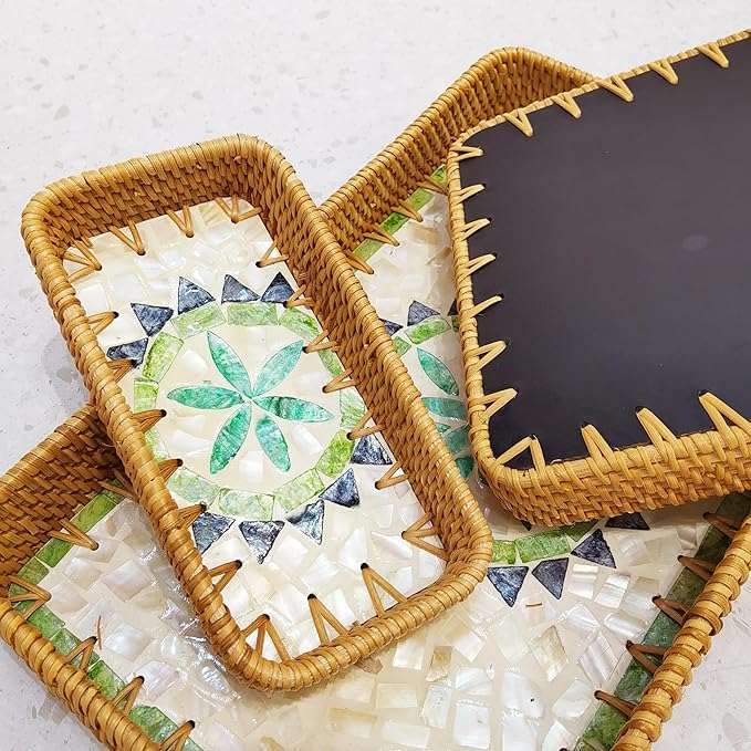 i-lan Set of 3 15" Rattan Woven Serving Tray Basket with MOP Wooden Base and Handles, Boho Wicker Coffee Table Décor Serving Tray with 2 Inch Wall, Handmade Display Basket for Everywhere