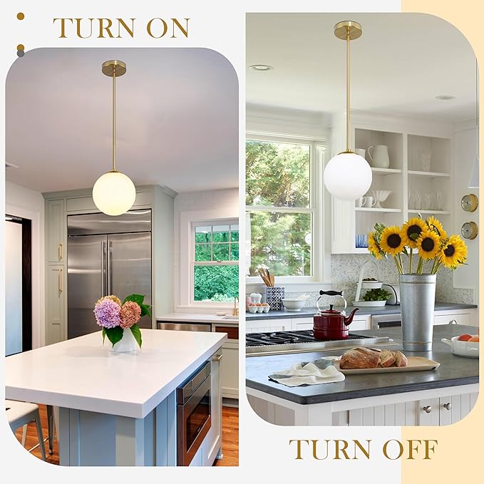 8" Globe Pendant Light Gold Mid Century Modern Light Fixture Globe Pendant Lights Kitchen Island Milk Glass Pendant Light Brushed Brass Finished with Milk Glass Lampshade for Dining Room
