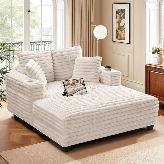 HUSFU 60'' Oversized Chaise Lounge Chair, Upholstered Sofa Bed, Sleeper Couch Reading Chairs with USB Port and Cup Holders,Comfy Cloud Sofas Couches for Living Room,Beige