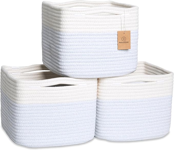 NaturalCozy Storage Cubes 9”x9”x7”Cotton Rope Woven Baskets for Organizing 3-Pack | 9 Inch Cube Storage Bin | Small Basket for Shelf Nursery, Pantry, Decorative Plant, Bathroom Closet, Toy Gift