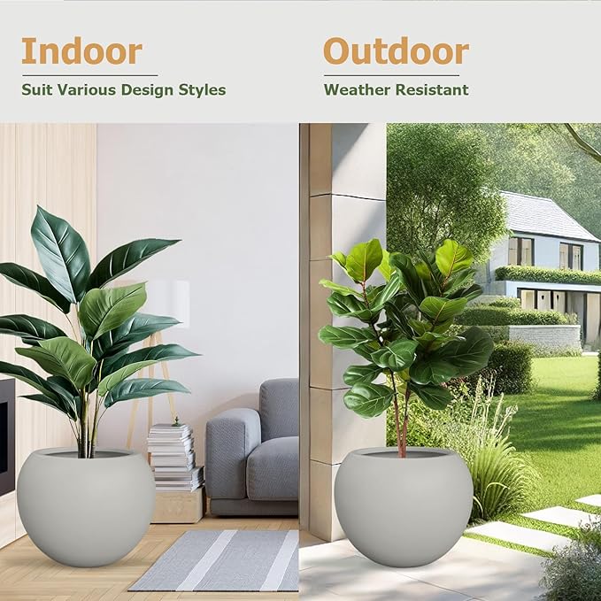 Globo Large Fiberstone Plant Pot, Large Planters for Indoor Plants, Outdoor Planters for Porch (Light French Gray, 12" D x 9.7" H)