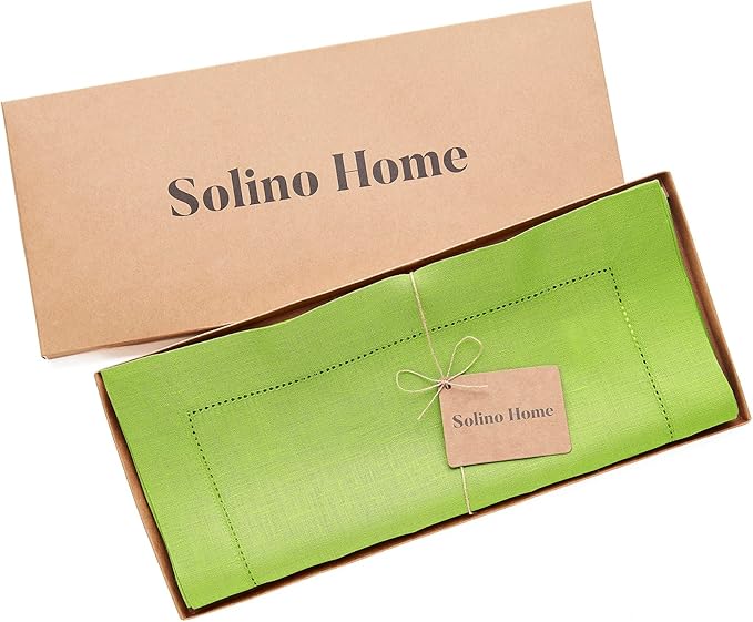 Solino Home Linen Lime Green Table Runner 72 Inches Long - 100% Pure Linen Hemstitch Table Runner 14 x 72 Inch for Dresser, Dining - Classic Hemstitch