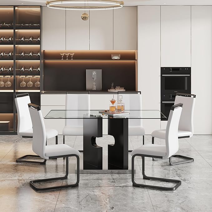 Glass Dining Table Set of 6, 63" Dinner Room Glass Table Set for 6, Modern Kitchen Dinner Table Set with 6 Upholstered Faux Leather Dining Chairs for Living Dining Office Room