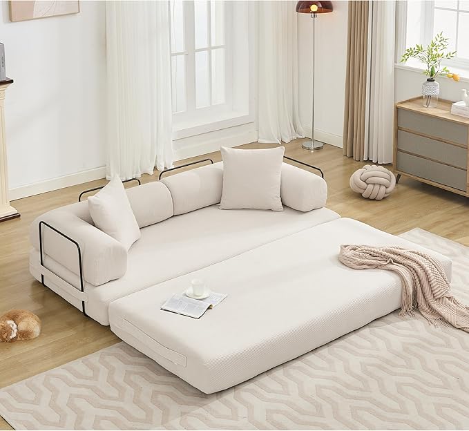 Convertible Sleeper Sofa Bed with Cylindrical Pillow, Corduroy Folding Mattress Couch with Fixed-Shape Frame, Floor Sofa Lounge Couch for Living Room Bedroom Lounge Studio, Beige