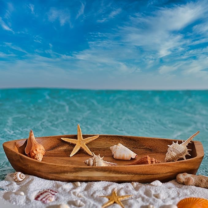 Lucky Boat Serving Tray, Acacia Solid Wood Boat Shape Plate for Serving Desserts, Fruit, Snack and Seafood or House Ornament,Key Tray,Functional and Storage Decorative Bowl。 (M)
