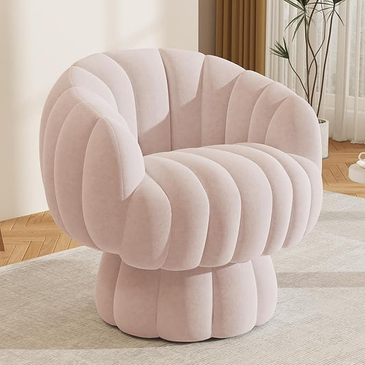 Mid Century Modern 360 Degree Barrel Swivel Accent Sofa Chair,Fluffy Velvet Fabric Lounge Wide Upholstered Pumpkin Reading Chair, Round Cloud Armchair for Living Room,Bedroom,Vanity(Pink)