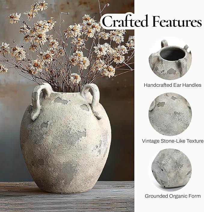 LuxenHome Rustic Ceramic Vase,11'' Gray and White Round Vase,Terracotta Large Flower Vases with Handles for Living Room Home Decor,Vintage Pottery Tall Vases Home Décor Accents