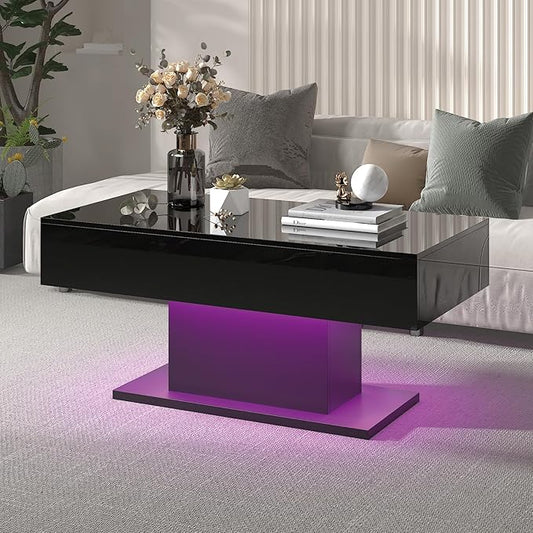 Led Coffee Table for Living Room, Living Room Table Rectangular Center Table, Modern High Glossy Wooden Coffee Tables with 16 Colors LED Lights for Dining Reception Room, Black