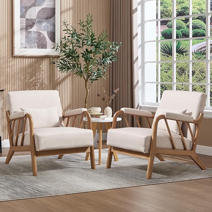 ANJ Mid Century Modern Accent Chair Set of 2，Living Room Chairs with Wood Frame &Lumbar Pillow, Upholstered Reading Armchair for Bedroom