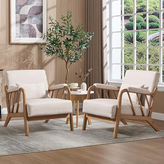 ANJ Mid Century Modern Accent Chair Set of 2，Living Room Chairs with Wood Frame &Lumbar Pillow, Upholstered Reading Armchair for Bedroom
