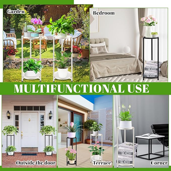 2 Tier Metal Plant Stand Rack Indoor Outdoor Flower Pot Shelf, 26.7in Tall Rustproof Round Planter Display Storage Rack, Heavy Duty Potted Holder for Home Garden Patio Bathroom Living Room (white)