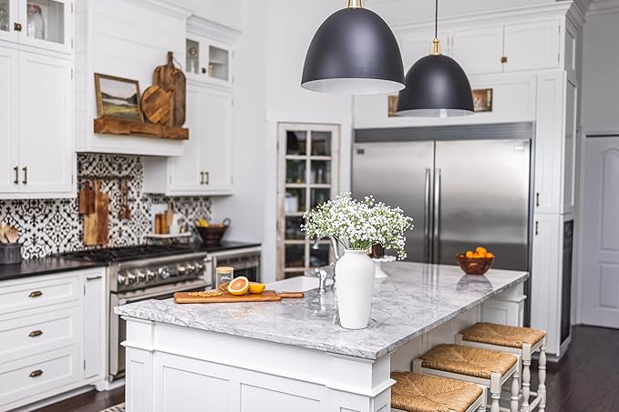 Laurel&Vine 12" Tall White Ceramic Vase, Speckled Textured Minimalist, with 15 Stems of 22" Faux Artificial White Babys Breath, Farmhouse Console Centerpiece Decor, Real Touch Fake Flowers in Vase