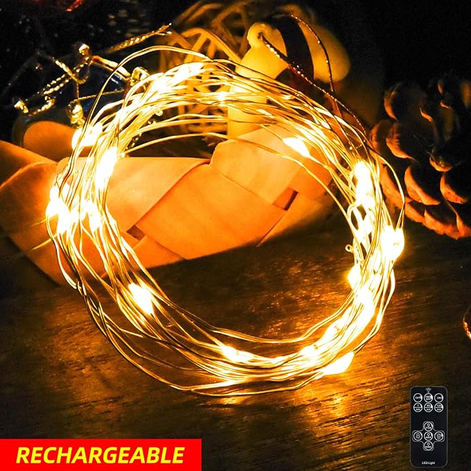 BLUEYE 16FT 100LEDs Rechargeable Fairy Lights,Remote Control,3 Off Timers,Detachable Battery Operated,Tangle-Free Camping String Light,Twinkle for Christmas,Party,Wedding(Cool+Warm White,1Pack)