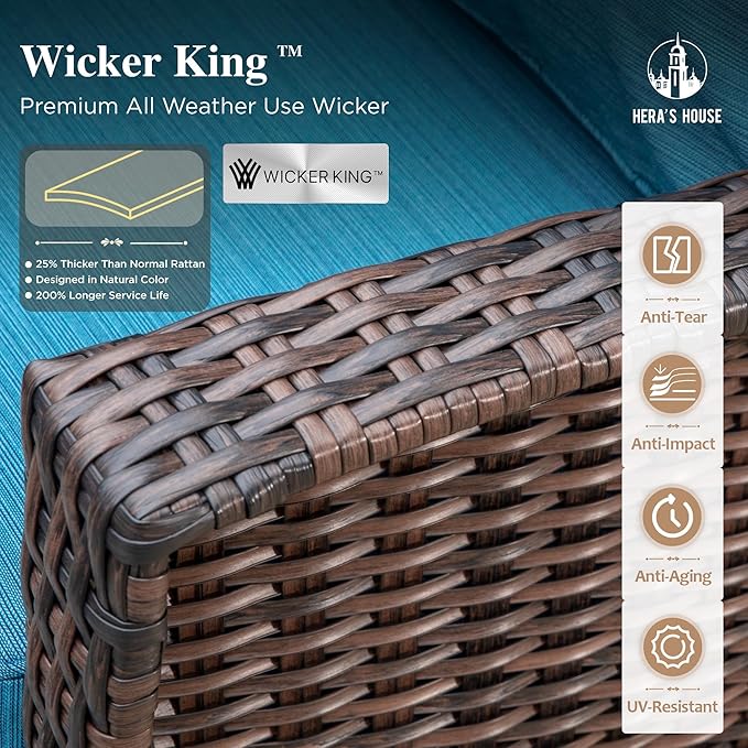 HERA'S HOUSE Outdoor Swivel Chairs Set of 2 with 5.5" Thick Cushions, High Back Patio Furniture, Oversized Wicker Rattan Chairs for Deck Balcony Backyard, Blue