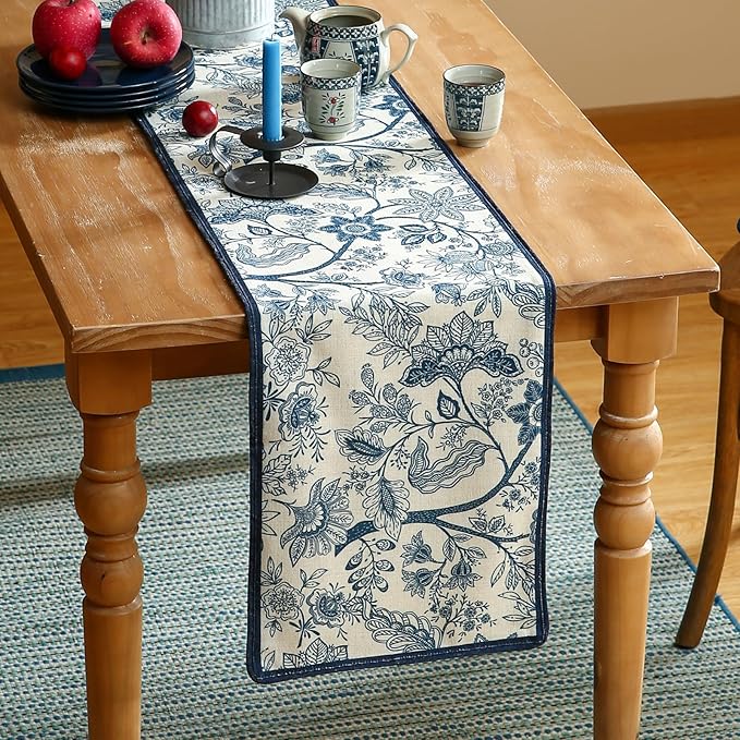 ISAENNE Designer Chinoiserie Elegant Linen Extra Long Table Runner 118 Inches,Blue Floral Pattern Decor Table Runners for Thanksgiving,Dining Room,Banquet,Kitchen Tables,Christmas,12"*118"-Ruyi B