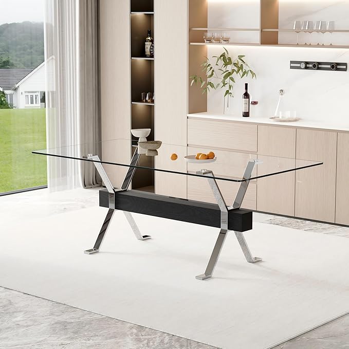 79" Glass Dining Table, Modern Kitchen Table, Modern Dining Table Set for 6, 0.5" Thick Tempered Glass Tabletop with Silver Chrome Metal Legs and Black Crossbar, Ideal for Dining Room, Kitchen