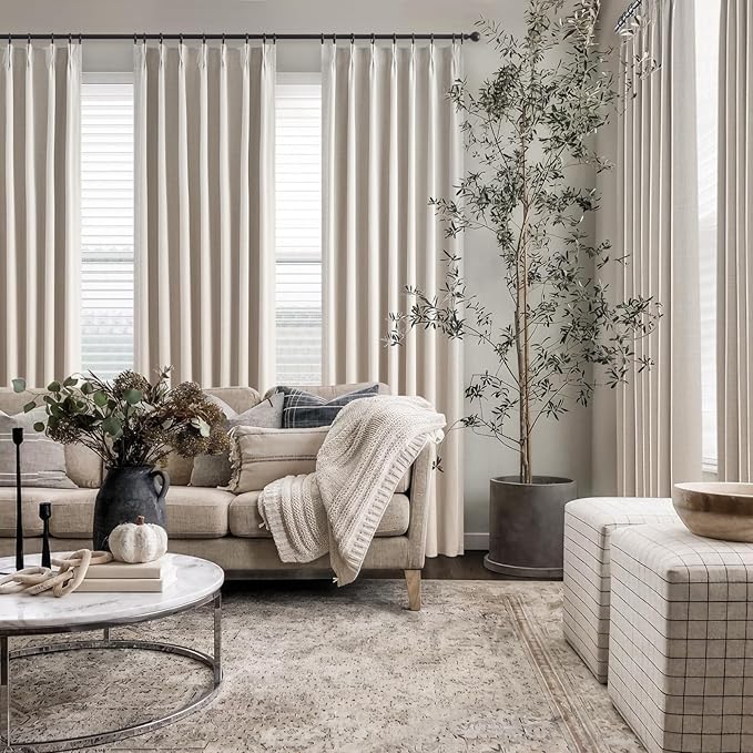 Topfinel 90 Inches Long Full Blackout Linen Curtains for Bedroom, Oatmeal Pinch Pleated Sound Block Curtains, Beige Decorative Elegant Farmhouse Lined Drapes 2 Panels Set for Living Room Sliding Door